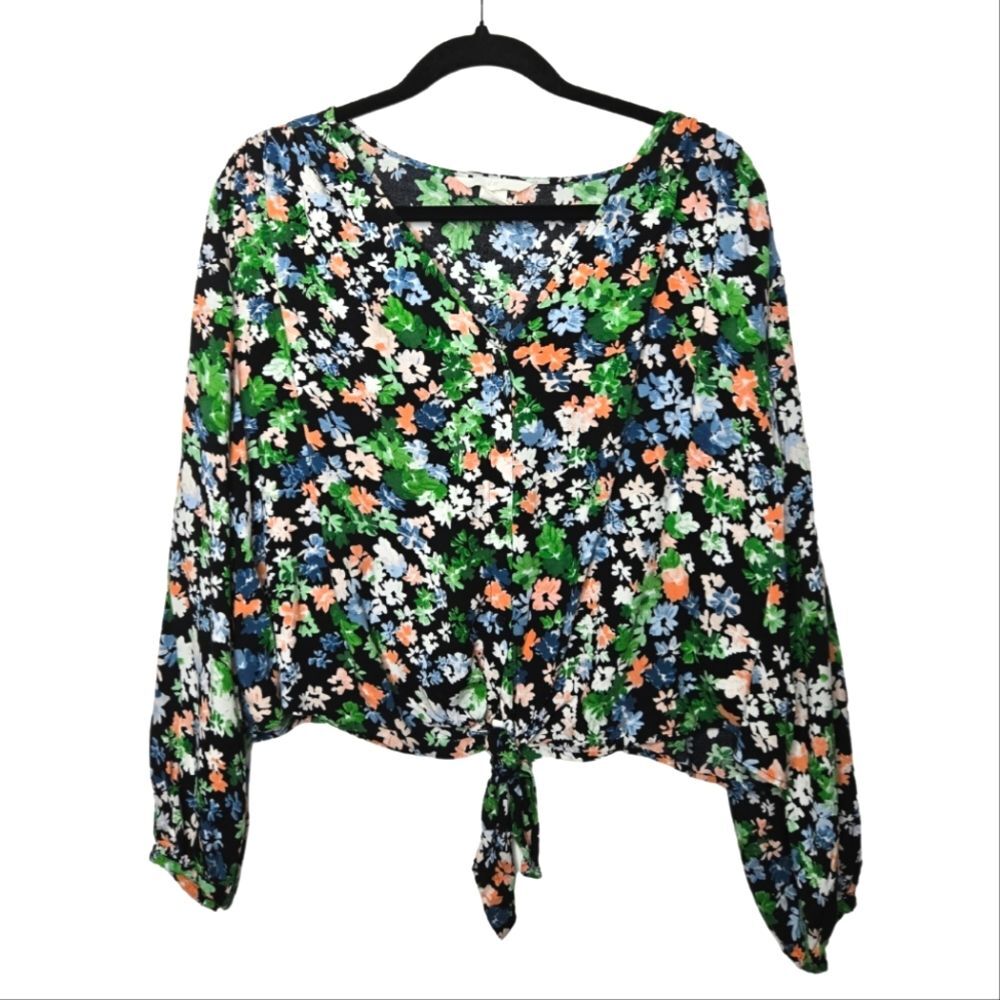 H&M Floral Front Tie Long Sleeve Wrap Blouse Black Spring Coquette Women's XL